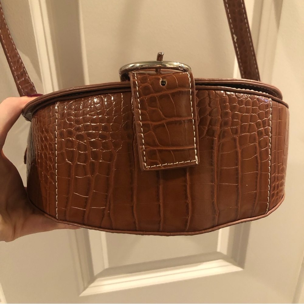 Brown Faux Croc Leather Buckle Crossbody Bag - Picture 12 of 13